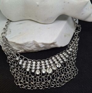 Silvertone Multi-Row Crystal And Chainmail Statement Necklace 17-20"